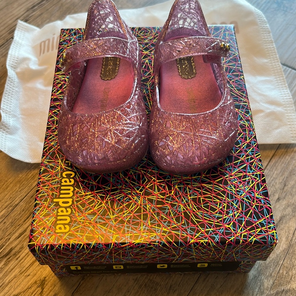 Mini Melissa + Campana Zig Zag Pink Candy Glitter Baby Shoes size 5.
